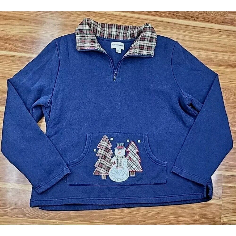 Breckenridge Embroidered‎ Christmas Sweater Womens XL Blue Snowmen Plaid Granny